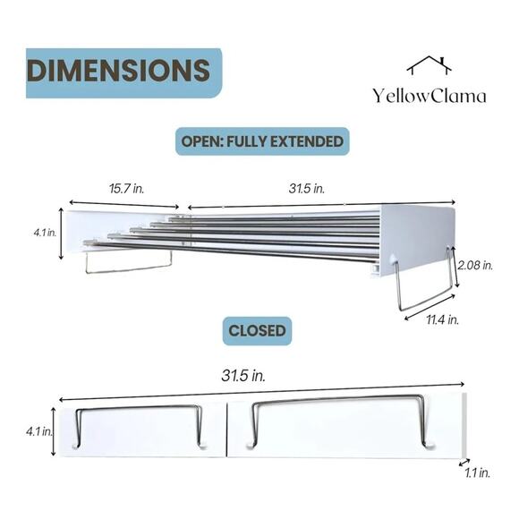 Clothes Drying Rack, Wall Mounted 31.5"L x 15.7"W x 4.1"H, White by YellowClama - Picture 2 of 9